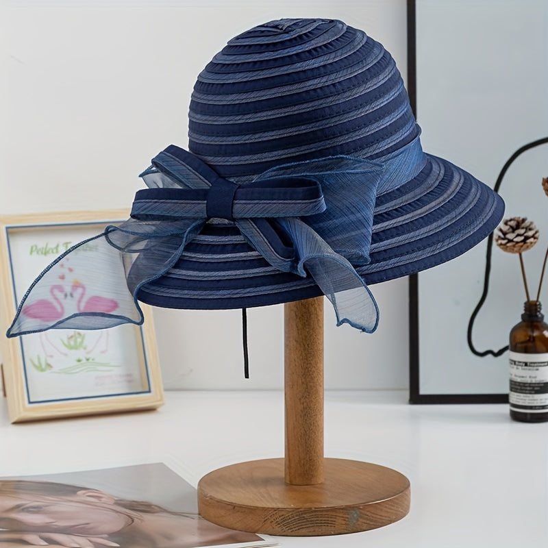 Striped Mesh Breathable Bucket Hats Bowknot Decor Foldable Basin Beach Hat