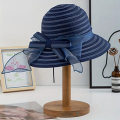 Striped Mesh Breathable Bucket Hats Bowknot Decor Foldable Basin Beach Hat