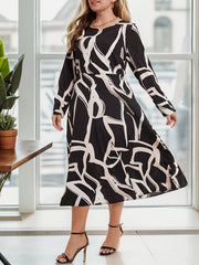 Plus Size Abstract Stripe Print Long Sleeve A Line Maxi Dress