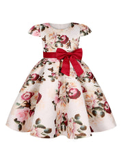 Floral Print Bowknot Short Sleeve Princess Dress