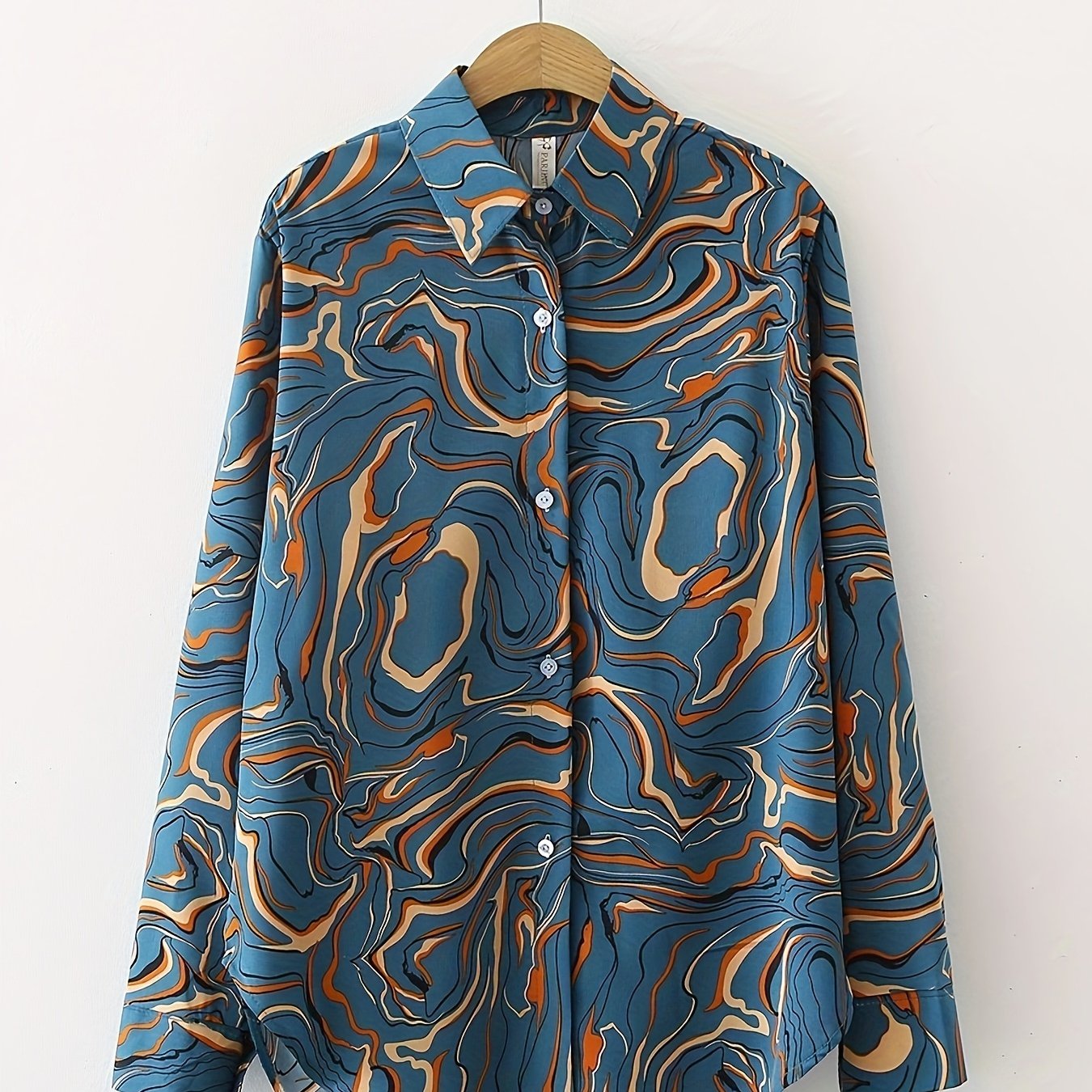  Marble Print Long Sleeve Button Up Collar Shirt