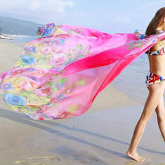 Boho Peacock Feather Print Chiffon Scarf Bikini Cover Up