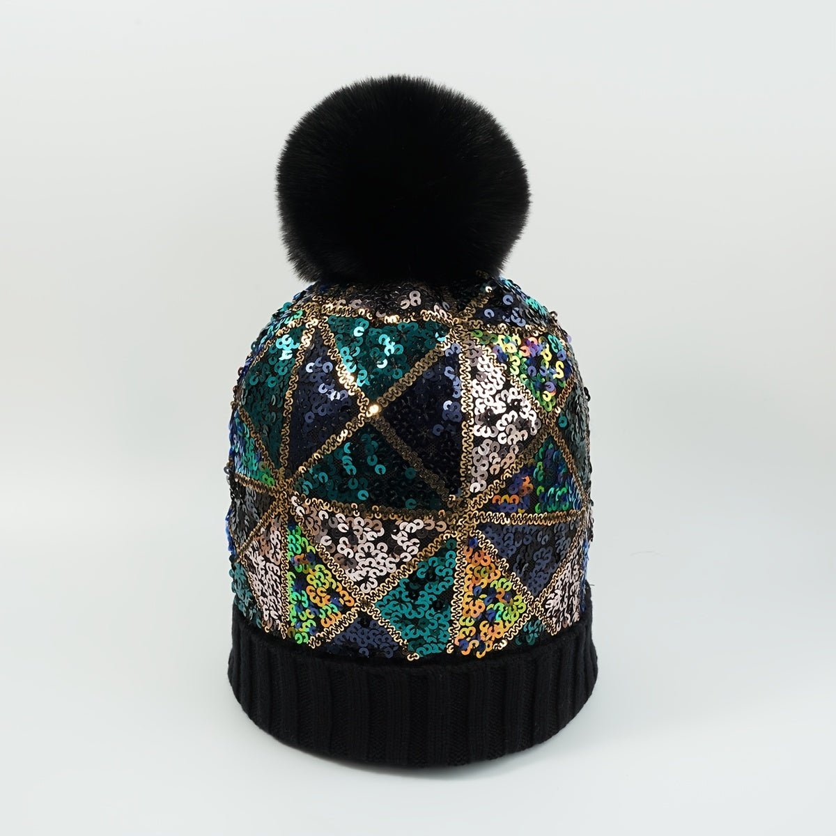 Glitter Sequins Winter Beanie Hat with Faux Fur Pom Pom