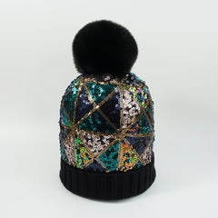 Glitter Sequins Winter Beanie Hat with Faux Fur Pom Pom