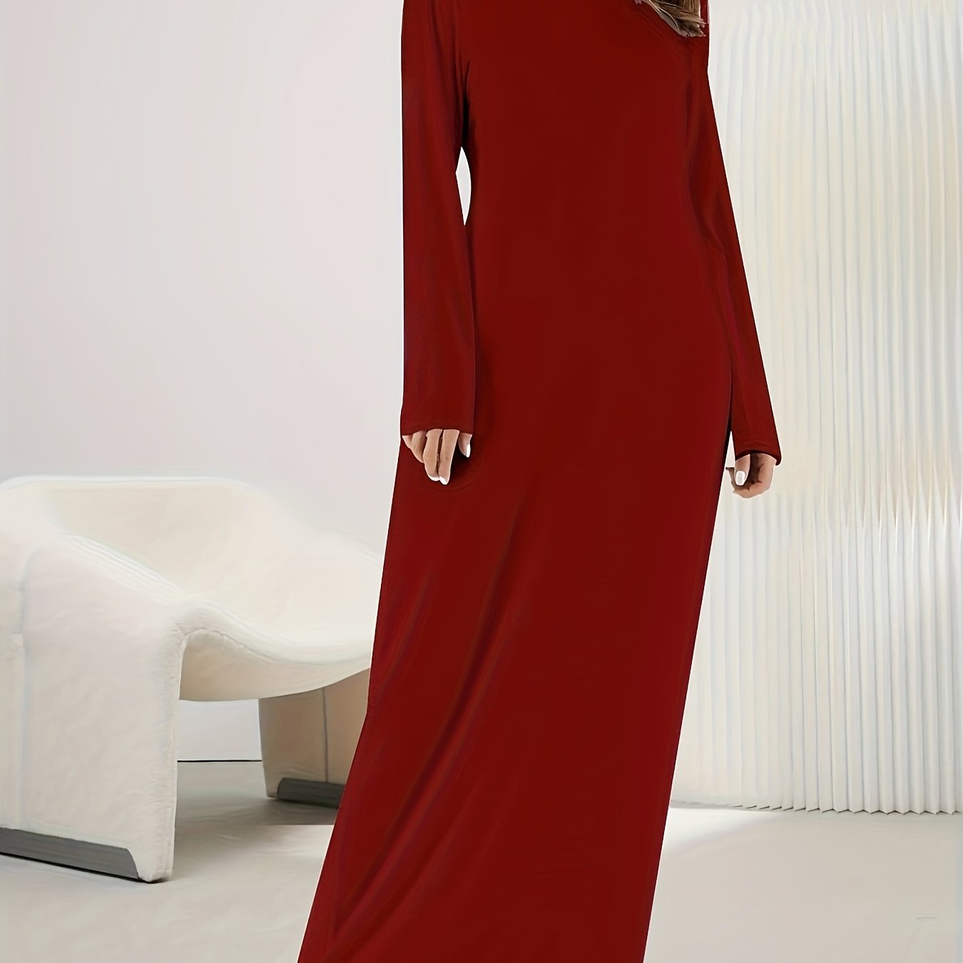  Casual Maxi Dress Solid Long Sleeve Round Neck Stretch