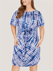  Tie Dye Short Sleeve Round Neck Belted Dress
