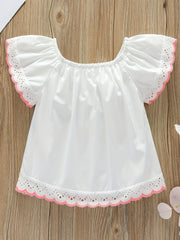 Girls Summer Embroidery Cut Out Lace Small Flying Sleeve Blouse