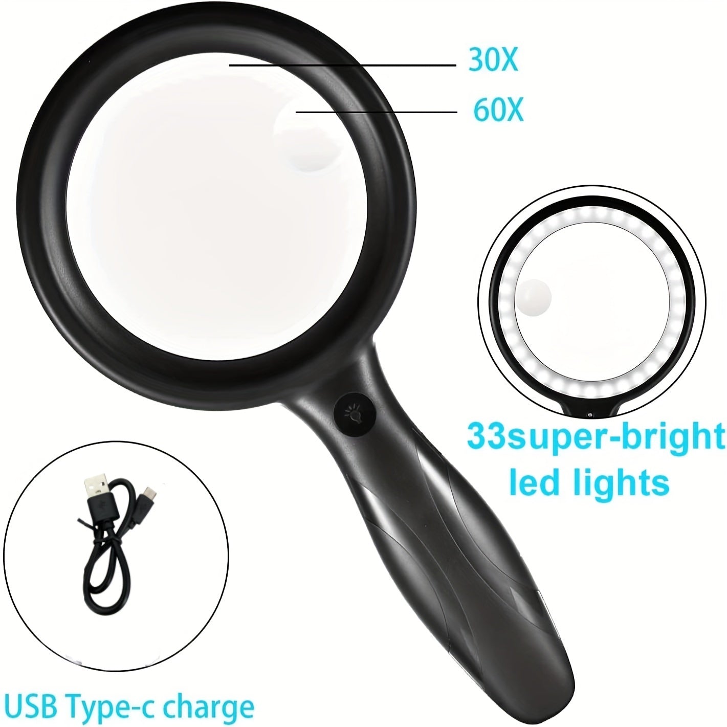 Handheld Magnifying Glass with Light USB Charging Cable