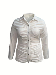  Solid Button Down Long Sleeve Blouse