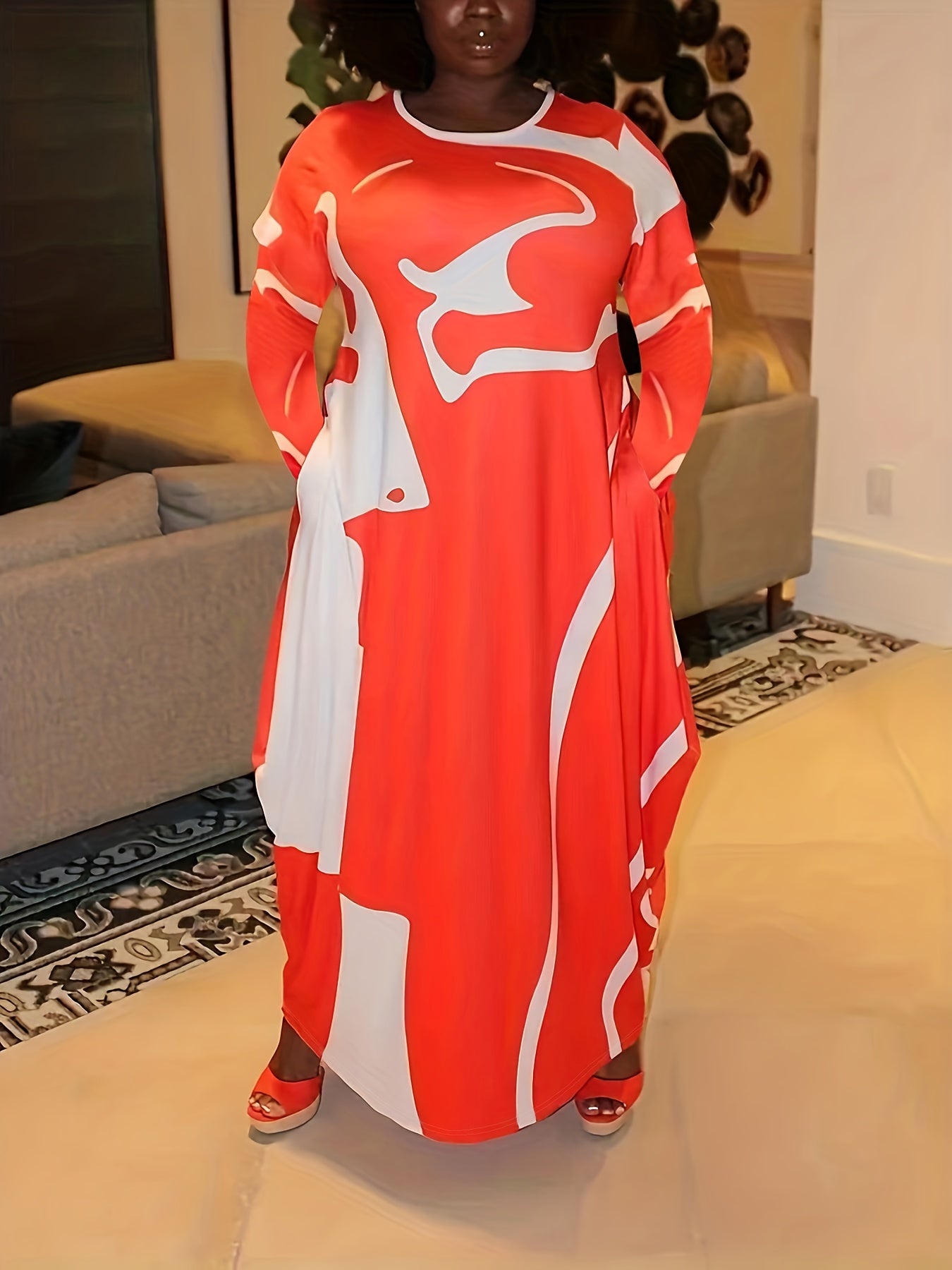  Abstract Print Long Sleeve Baggy Dress