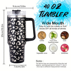 Leopard Print 40oz Insulated Tumbler w/ Handle & Straw Lid Stainless Steel