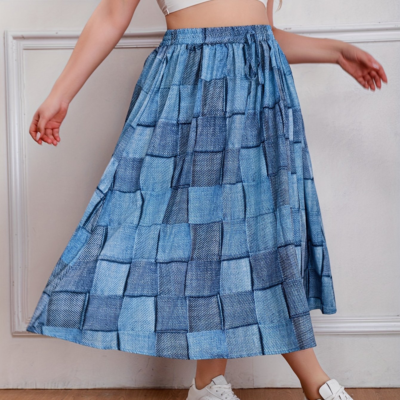  Colorblock Denim Print Maxi Skirt
