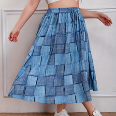  Colorblock Denim Print Maxi Skirt