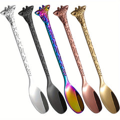 5PCS Giraffe Stainless Steel Dessert Spoon & Fork Animal Fruit Fork Mixing Spoon