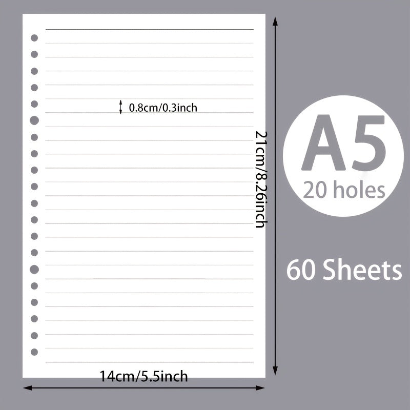 60pcs A5 B5 Horizontal Line Loose Leaf Paper Refill 20 Holes 26 Holes