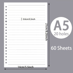 60pcs A5 B5 Horizontal Line Loose Leaf Paper Refill 20 Holes 26 Holes