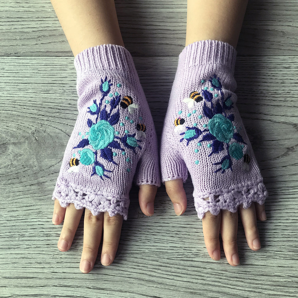 Women's Flower Knit Fingerless Gloves