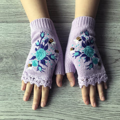 Women's Flower Knit Fingerless Gloves