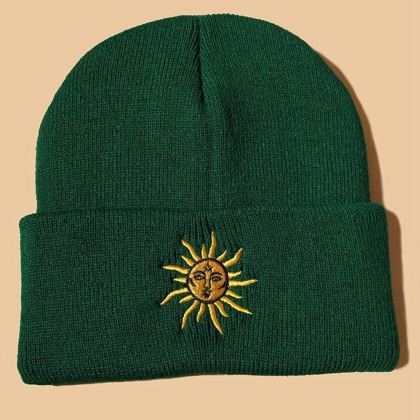 Boho Sun Embroidery Beanie Dark Green Vintage Elastic Knit Hat