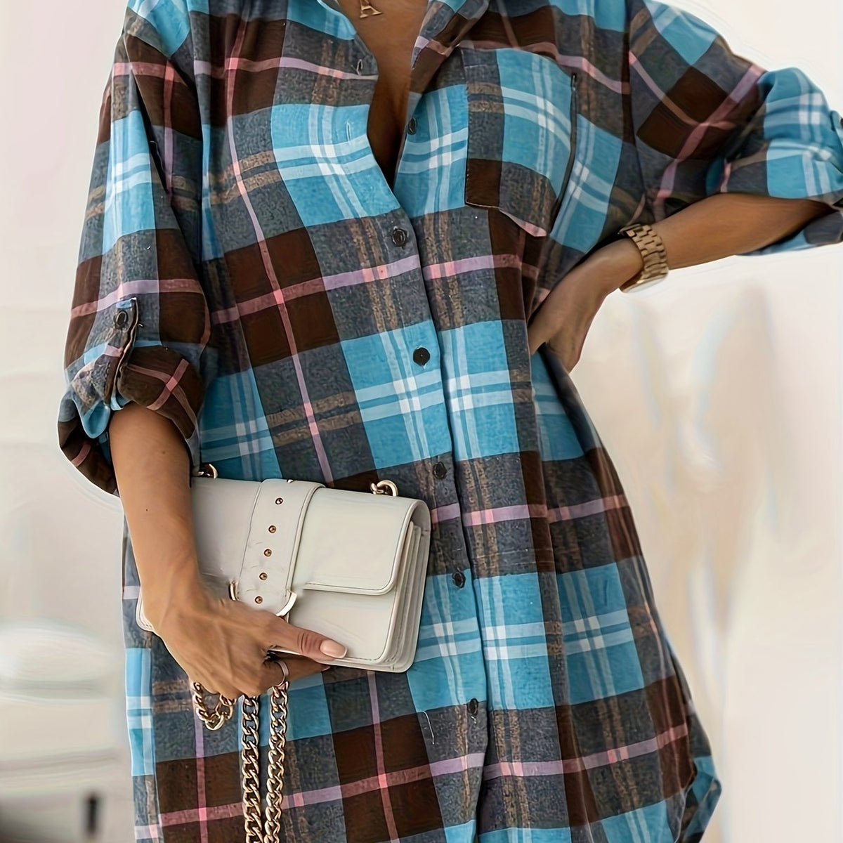 Plaid Print Long Shirt Button Front Collar