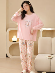 Bunny Print Pajama Set Long Sleeve Crew Neck Top & Plaid Pants