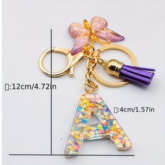 Resin Initial Letter Keychain with Tassel and Butterfly Pendant