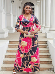  Chain Print Surplice Neck Maxi Dress With Belt