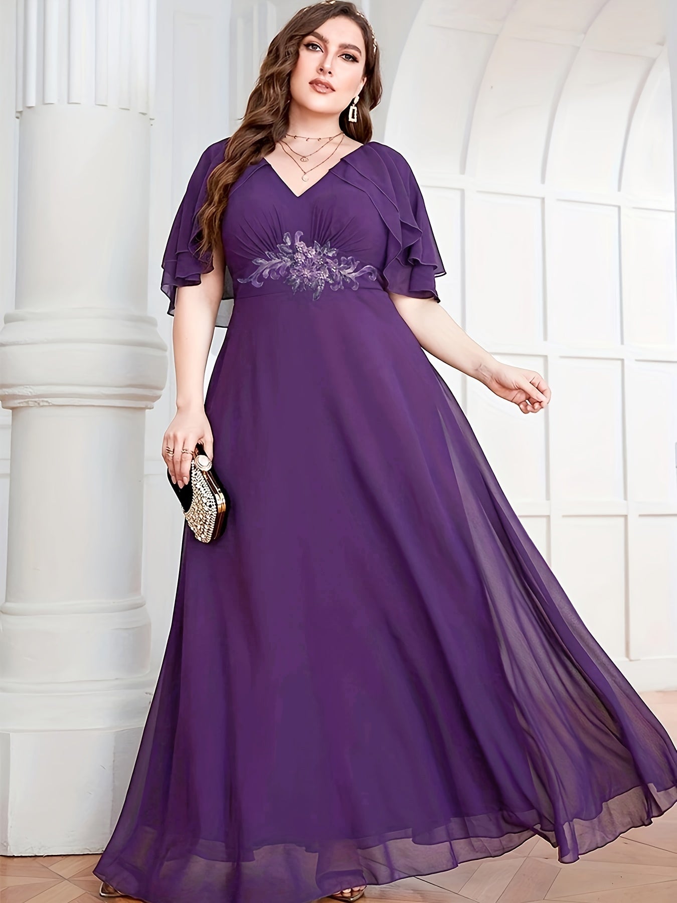 Floral Appliques Cape Sleeve Formal Dress