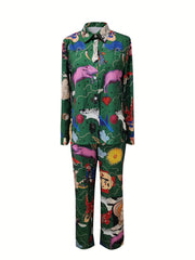  Women's Animal & Figure Print Shirt & Pants Set