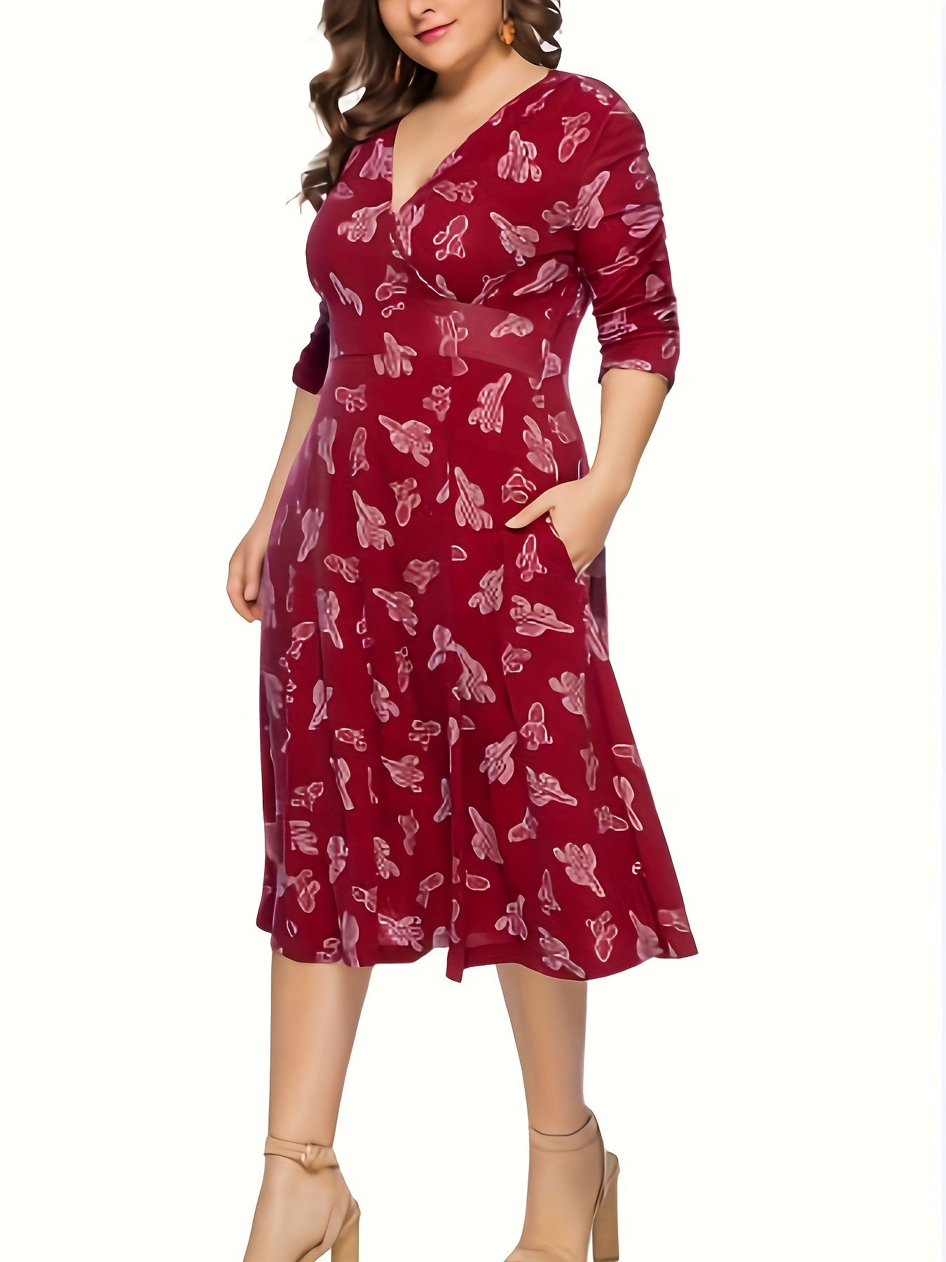  Cactus Print Surplice Neck Midi Dress With Pockets