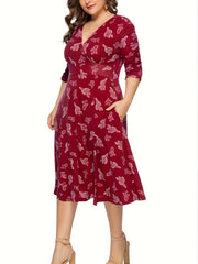  Cactus Print Surplice Neck Midi Dress With Pockets