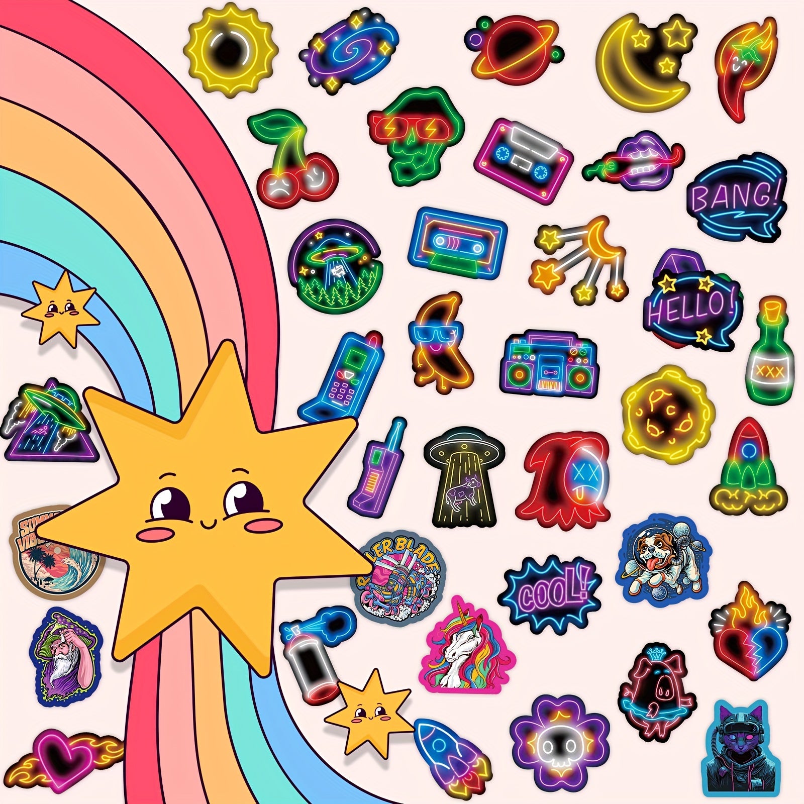 100 Pack Neon Cartoon Stickers Self Adhesive Reusable Decoration