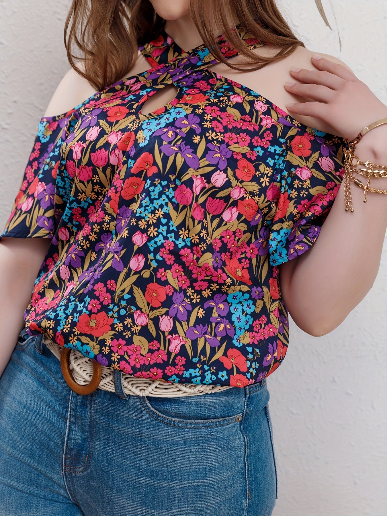 Allover Floral Print Cold Shoulder Cross Neck Top