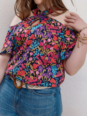  Allover Floral Print Cold Shoulder Cross Neck Top