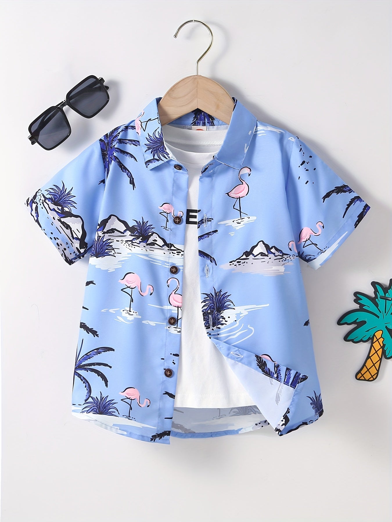 Boys Leaves Print Short Sleeves Shirt Hawaiian Style For Vacation Beach