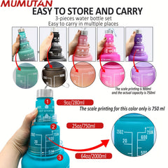Gradient Water Bottle Set with Time Marker Leakproof Sports Cup 9oz 32oz 64oz