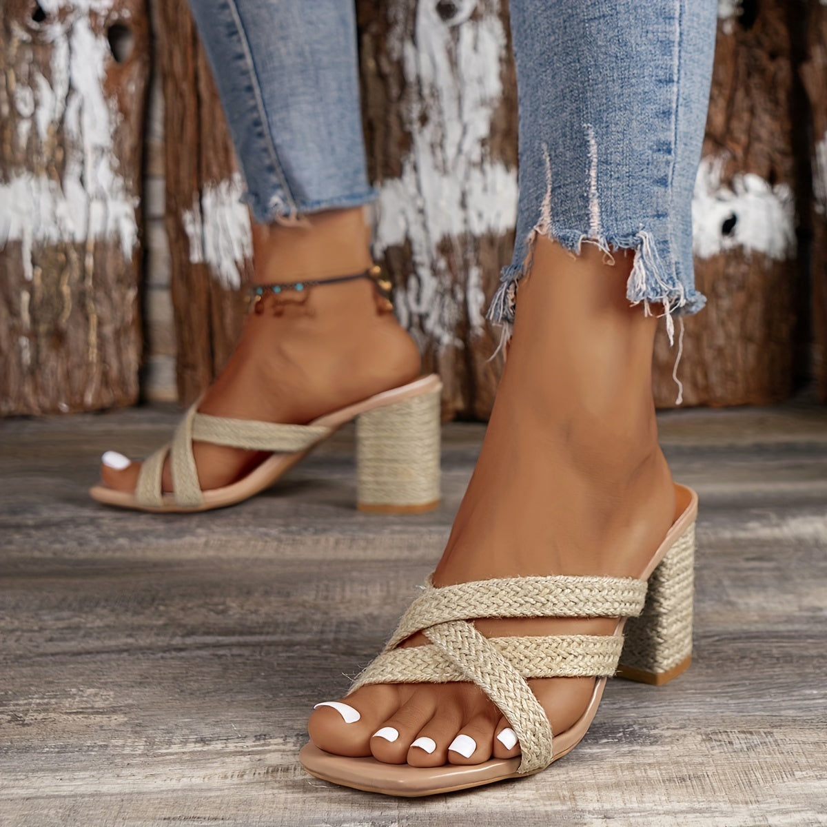 Women's Straw Block Heeled Sandals Cross Strap Comfortable Square Toe Pumps