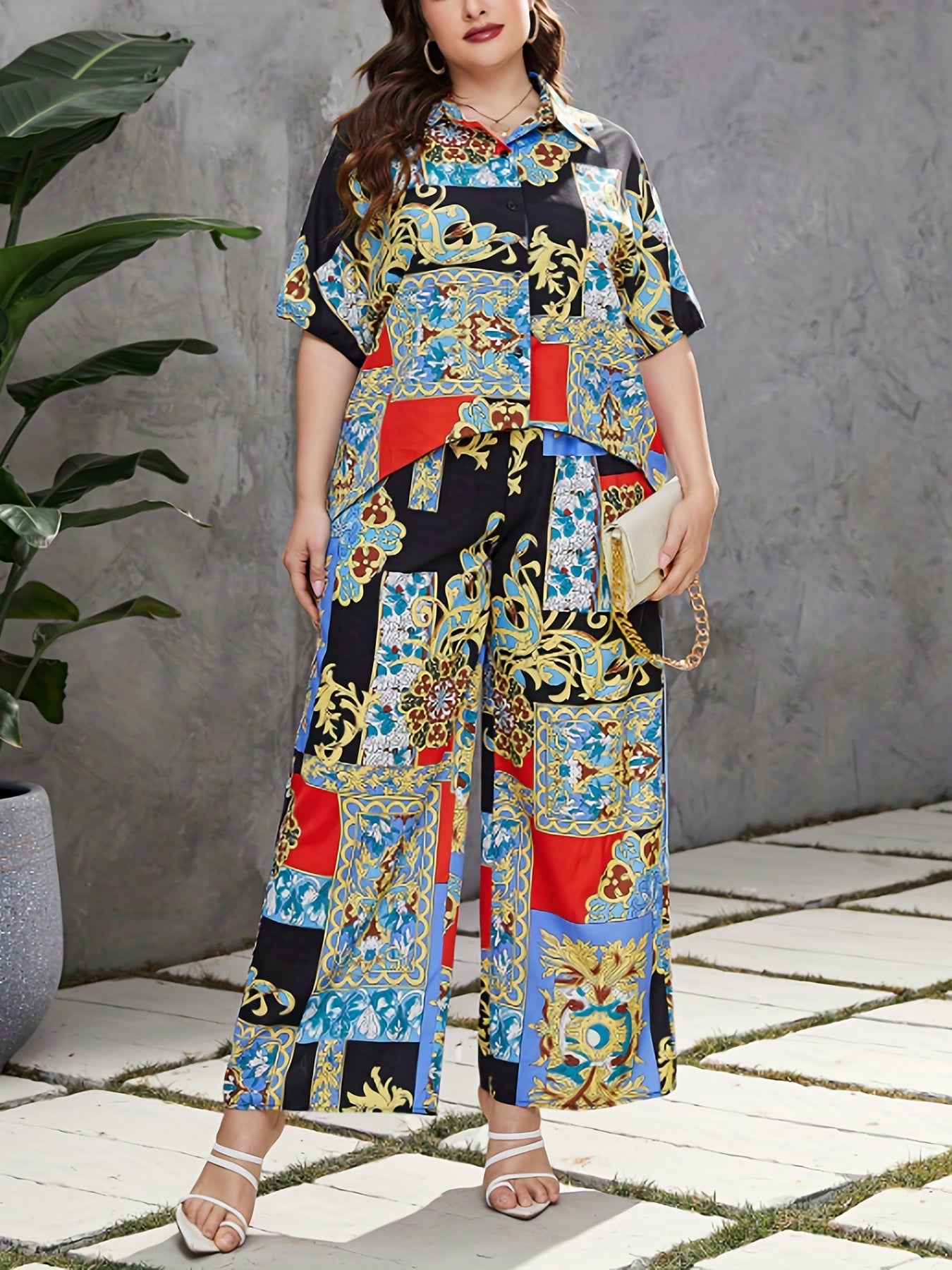  Colorblock Baroque Print Blouse & Wide Leg Pants Outfits 2 Piece Set