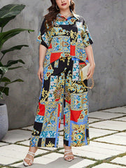  Colorblock Baroque Print Blouse & Wide Leg Pants Outfits 2 Piece Set