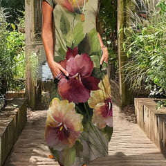  Floral Print Short Sleeve Maxi Dress With Pockets