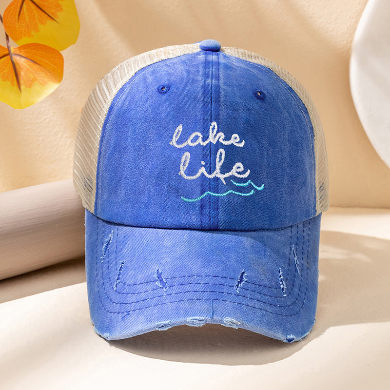 Ponytail Baseball Cap Embroidery Mesh Trucker Hat Women Distressed Dad Hat