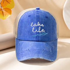 Ponytail Baseball Cap Embroidery Mesh Trucker Hat Women Distressed Dad Hat