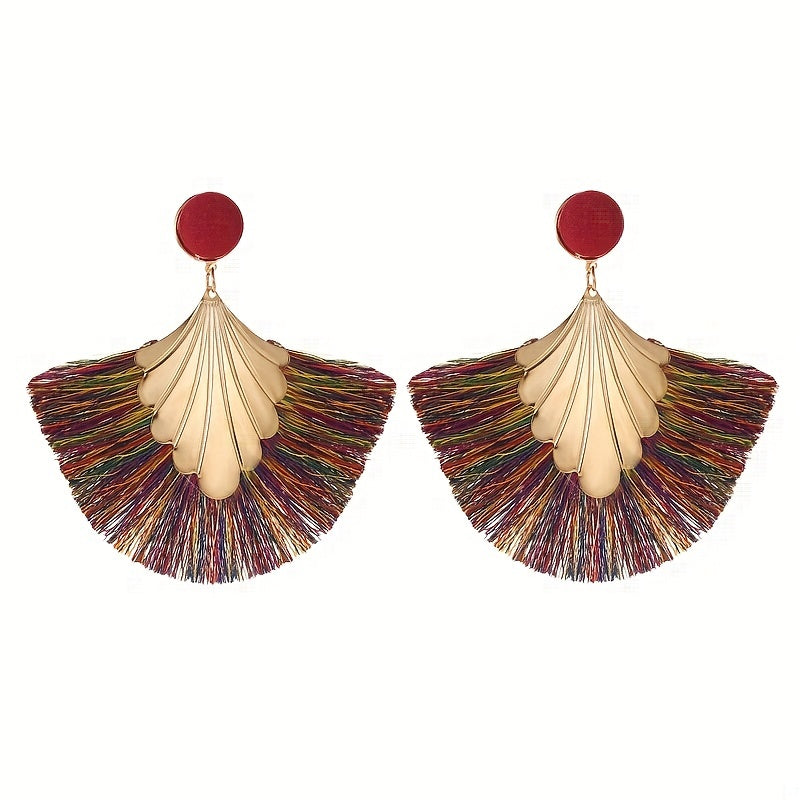 Fan Shape Tassel Retro Boho Dangle Earrings Alloy 18K Plated