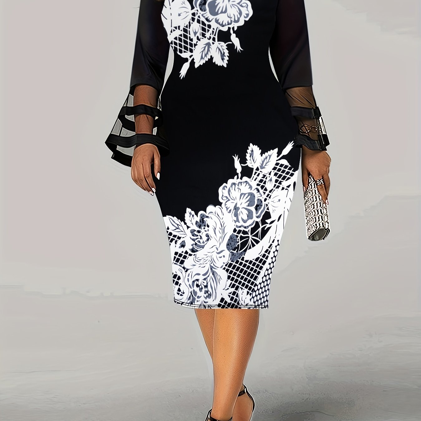  Women's Floral Bell Sleeve Bodycon Midi Dress