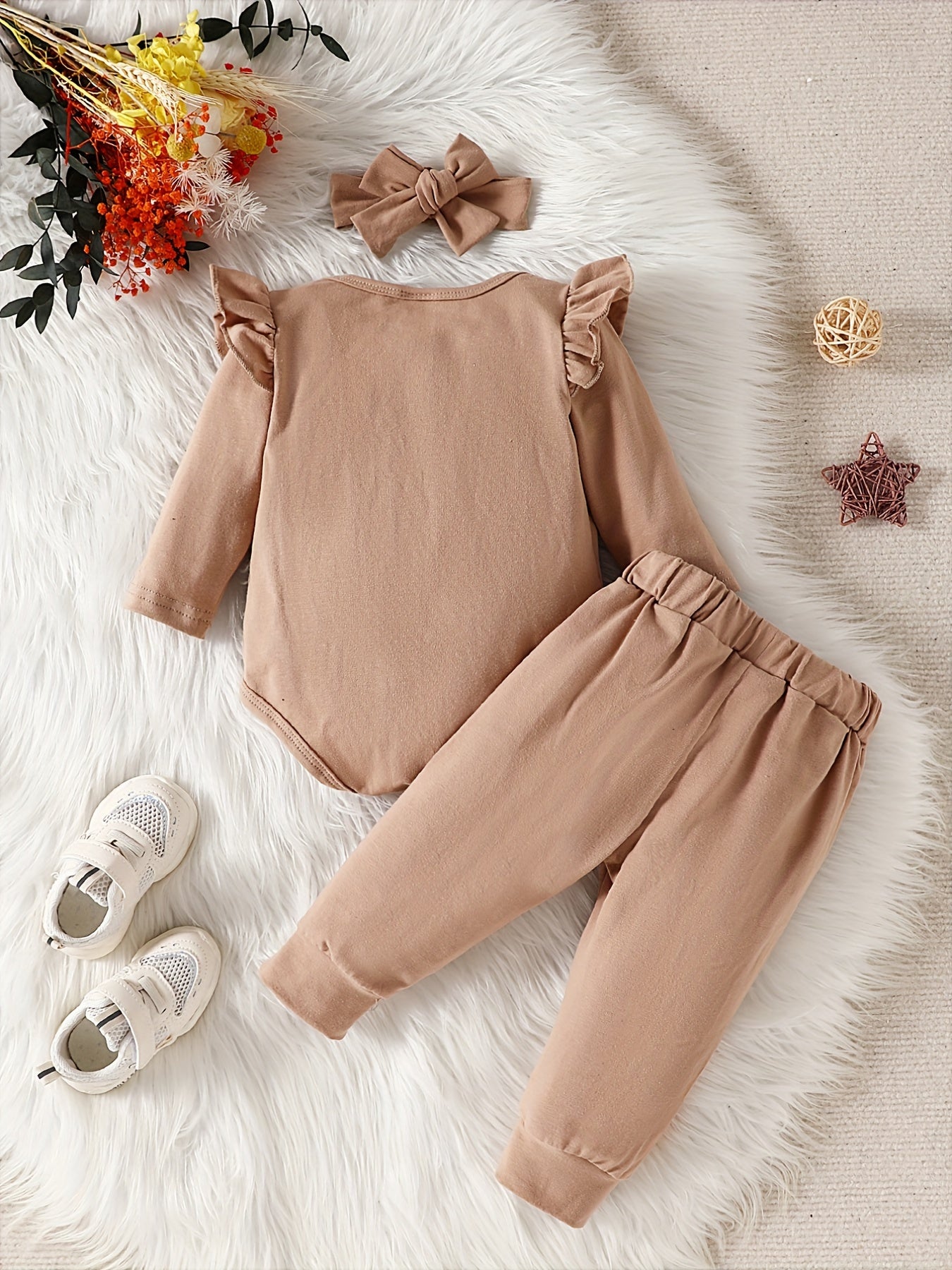 3pc Baby Girl Set: Letter Print Jumpsuit Pants Headband