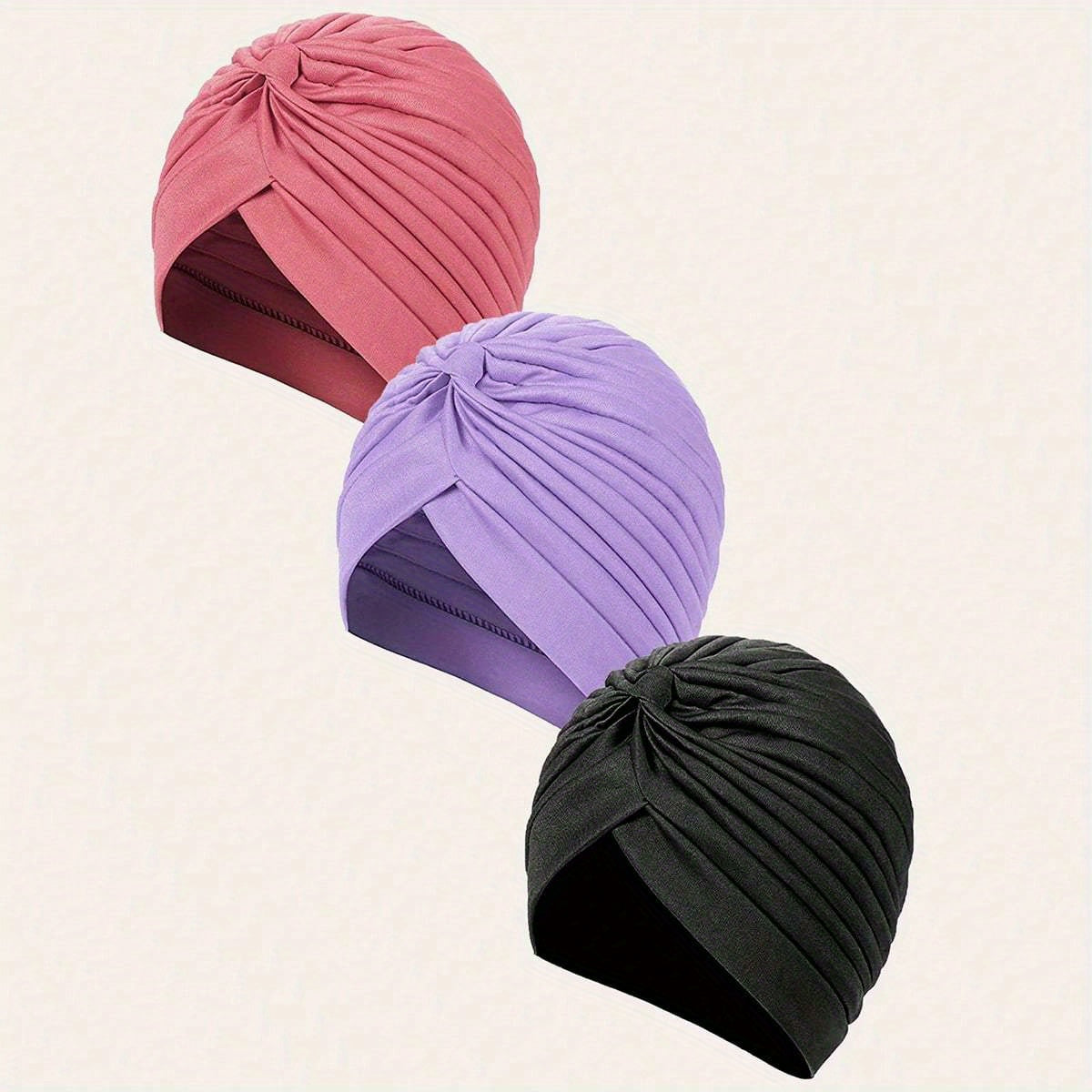 3pcs Pleated Turban Cap Solid Head Wraps Women Ramadan Hijab Chemo Hats