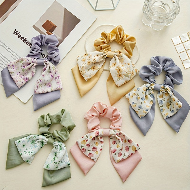Floral Bow Hair Tie Scrunchie Ponytail Band Hair Accessories