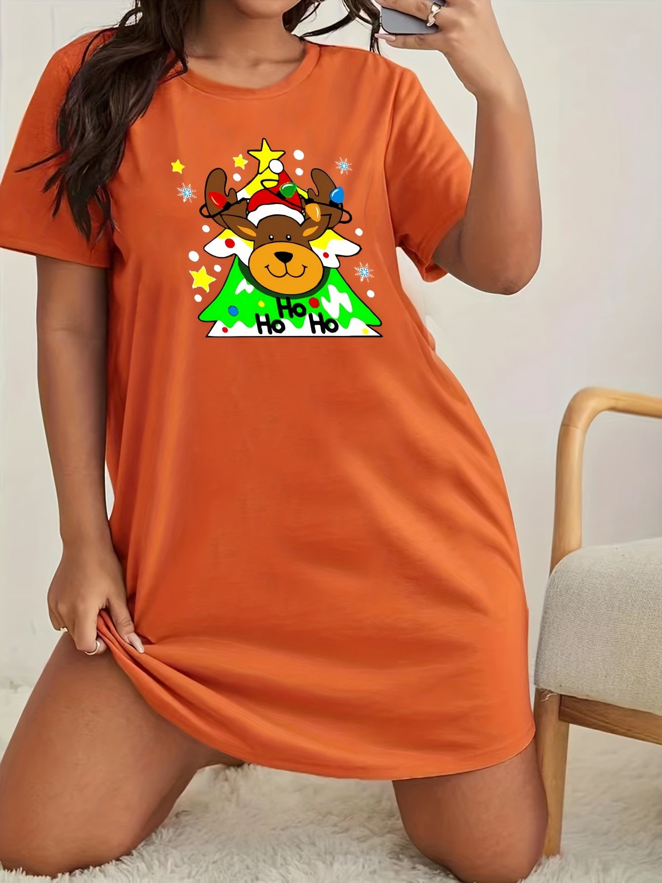  Christmas Lounge Dress Cartoon Deer Print Short Sleeve Nightdress