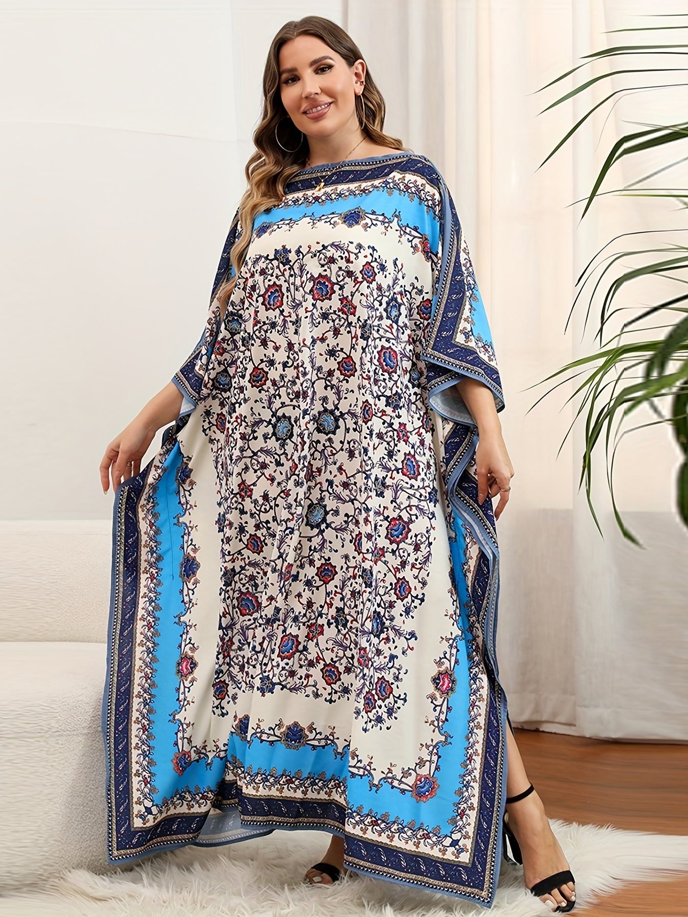  Boho Cover Up Dress Women's Plus Colorblock Floral Print Bat Sleeve V
