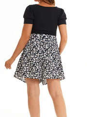 Ditsy Floral Print High Rise Mini Skirt Plus Size Women's Casual Slight Stretch